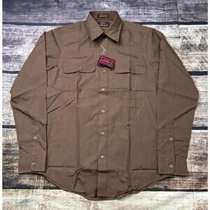 VTG 70s Macys Mens Store Dress Shirt Small 14-14.5 Brown Pockets NEW